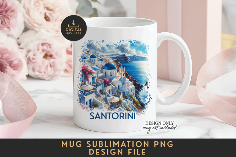 Santorini Mug Sublimation PNG Greek Island Full Wrap