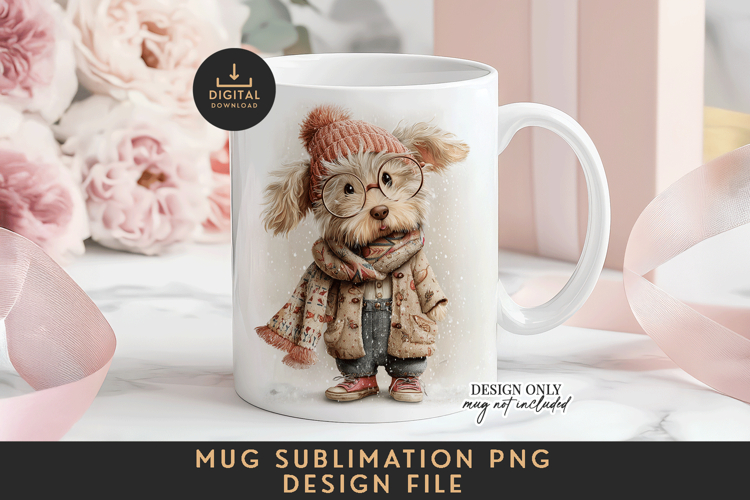 Cute Winter Dog Mug Sublimation PNG Full Wrap