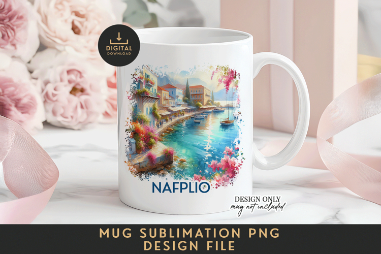Nafplio Mug Sublimation PNG Coastal Town Full Wrap