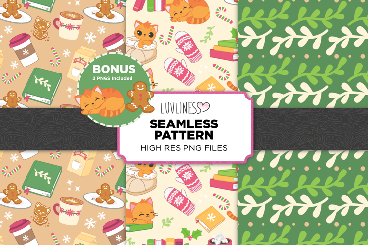 Christmas Bookish Cat Seamless Pattern Bundle and Bonus PNGs