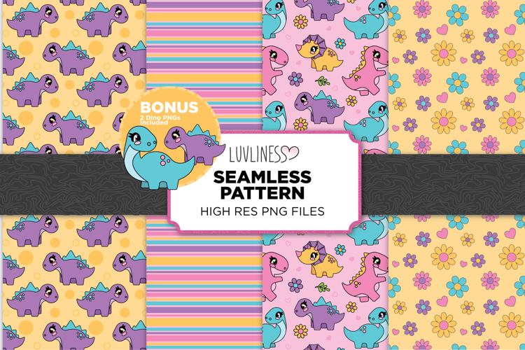 Girl Dinosaur Seamless Pattern Bundle | Pastel Dino Digital
