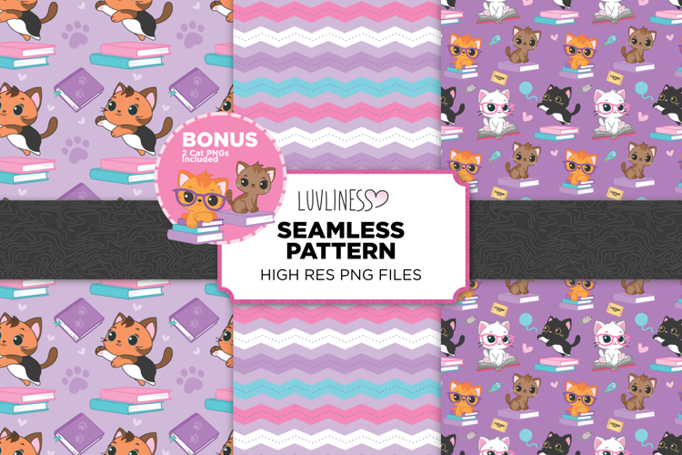 Bookish Cat Seamless Pattern Bundle and Bonus Book Cat PNGs