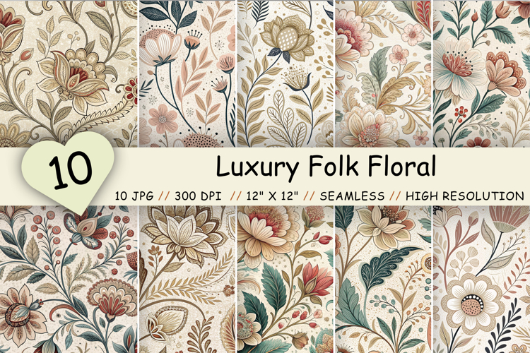 Luxury Folk Floral Seamless Patterns Bundle, Elegant Ivory