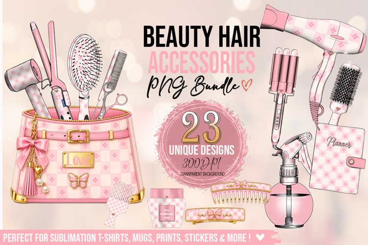 Beauty Hair Accessories PNG Bundle 23 Premium Pink & Gold