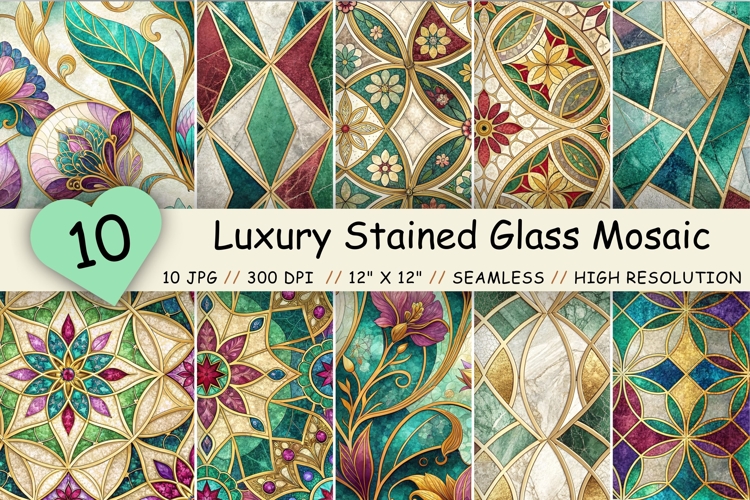 Luxury Stained Glass Mosaic Seamless Patterns, Gold Foil