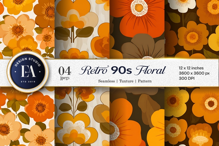 70s Floral Pattern Orange Brown Seamless Digital Paper