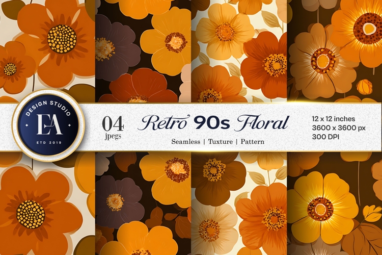 Retro 70s Floral Orange Mustard Brown Digital Paper