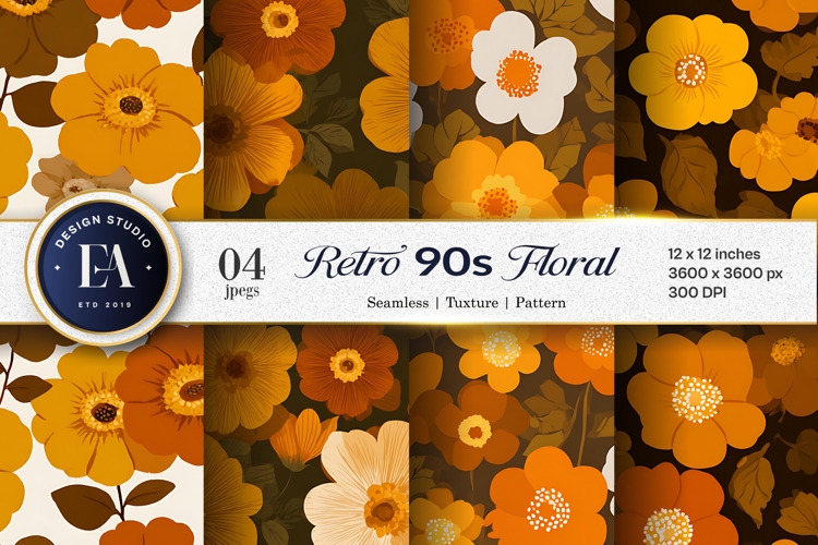 70s Floral Pattern Orange Brown Seamless Digital Paper