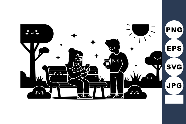 Couple relaxing outdoors on park bench with coffee and smart