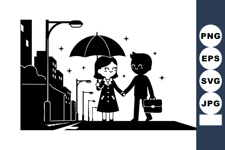 Couple walking under umbrella in city street at night holdin