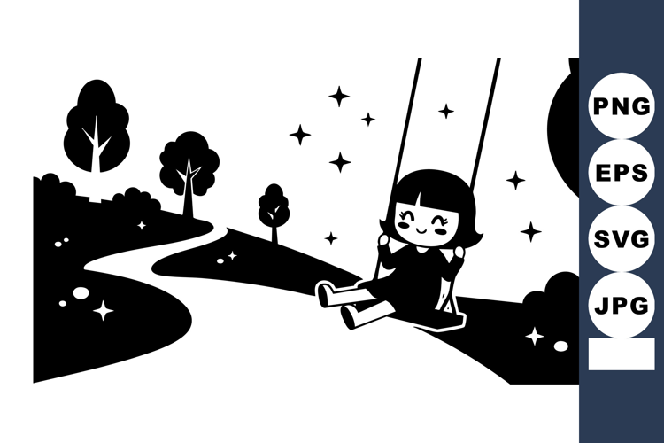 Girl on swing enjoying nature at night with sparkling stars
