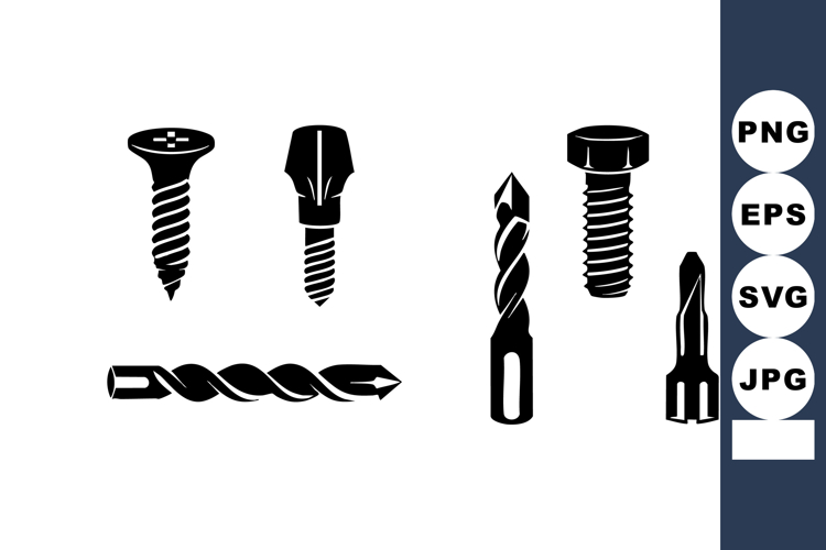 Screw heads and drill bits black silhouette vector