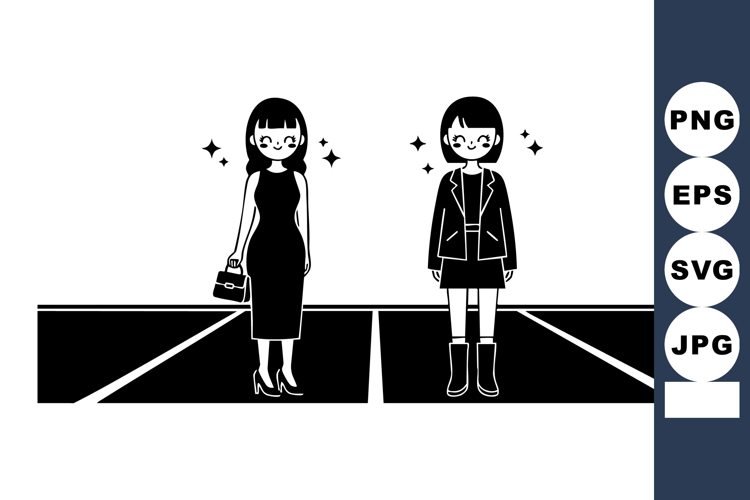 Two women standing side by side on street in contrasting fas