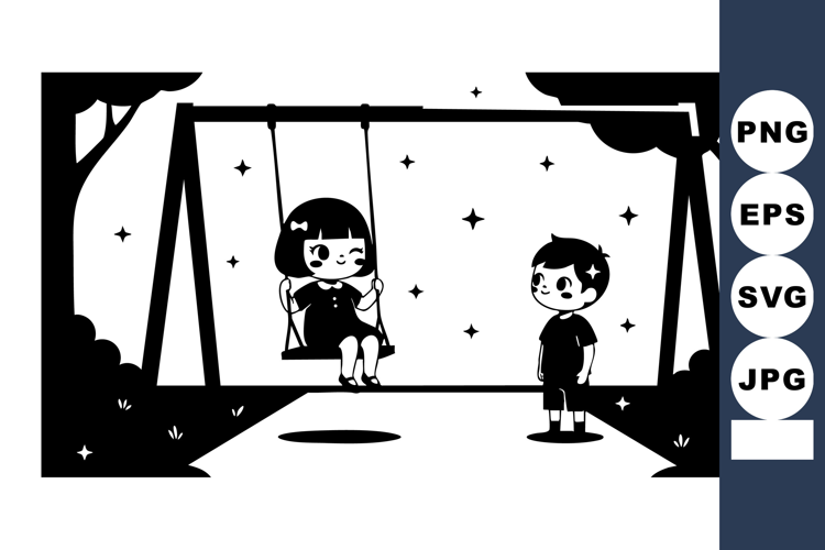 Children playing on swing in park under trees, simple bl