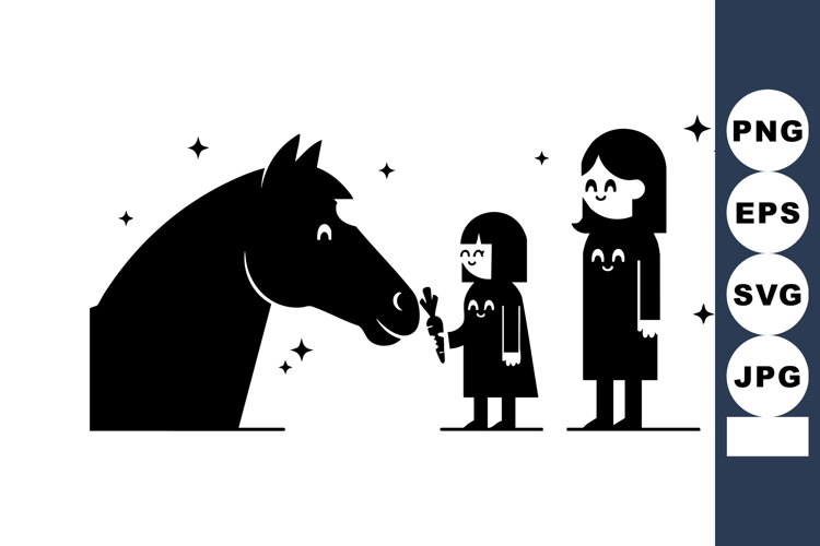 Horse interaction with smiling mother and daughter in minima