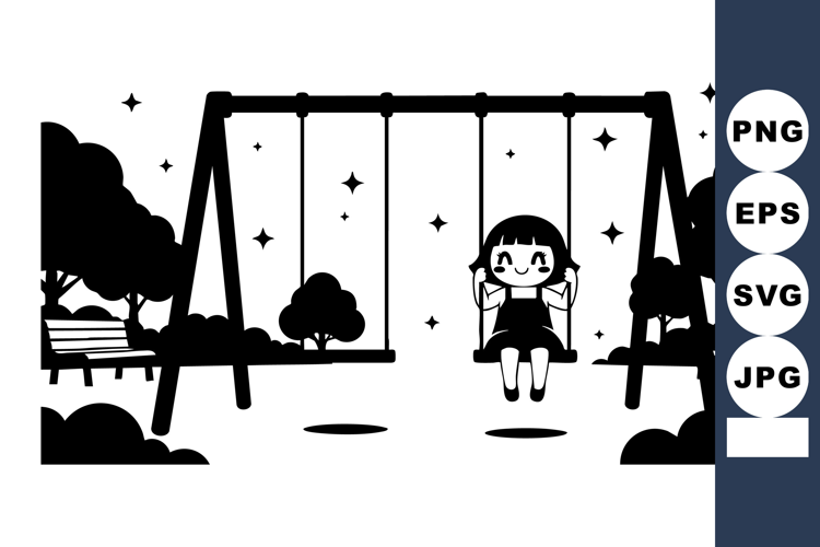 Playground swing with a happy child sitting outdoors sur