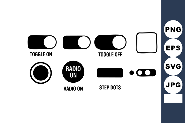 User interface toggle switches, radio buttons, and step indi