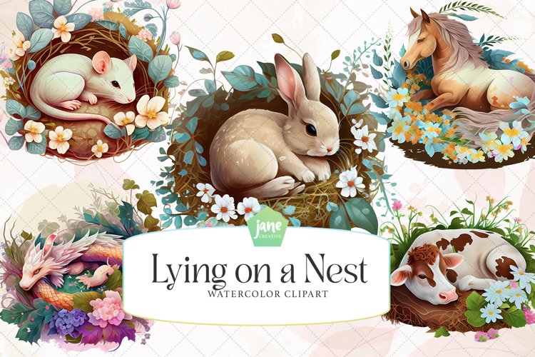 Animals lying on a nest watercolor
