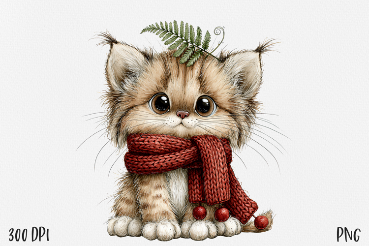 Lynx Cub PNG, Cute Wild Cat Clipart, Red Scarf Woodland