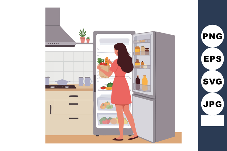 Woman in kitchen taking groceries out of fridge with fresh v