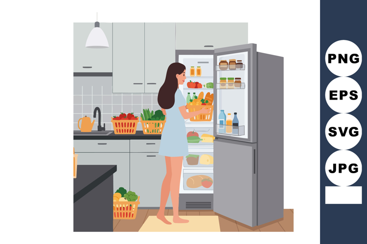 Woman taking groceries from refrigerator in modern kitchen w