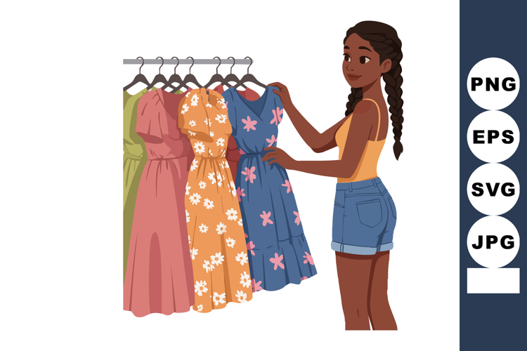 Woman choosing floral dress from clothing rack in casual sum