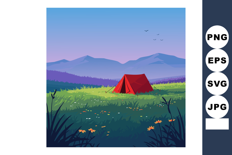Red camping tent in mountain meadow under clear sky with dis