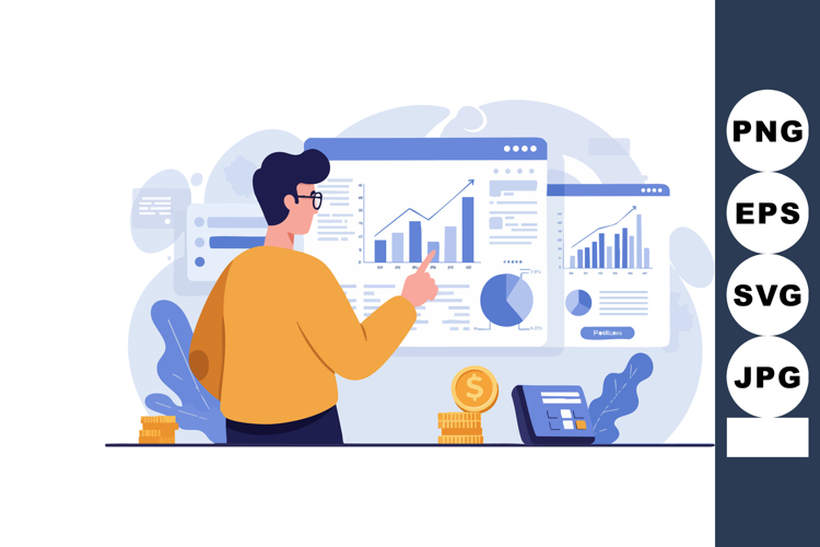 Man analyzing financial data charts and graphs on digital sc