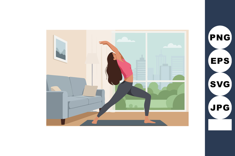 Woman practicing yoga indoors with city view in modern livin