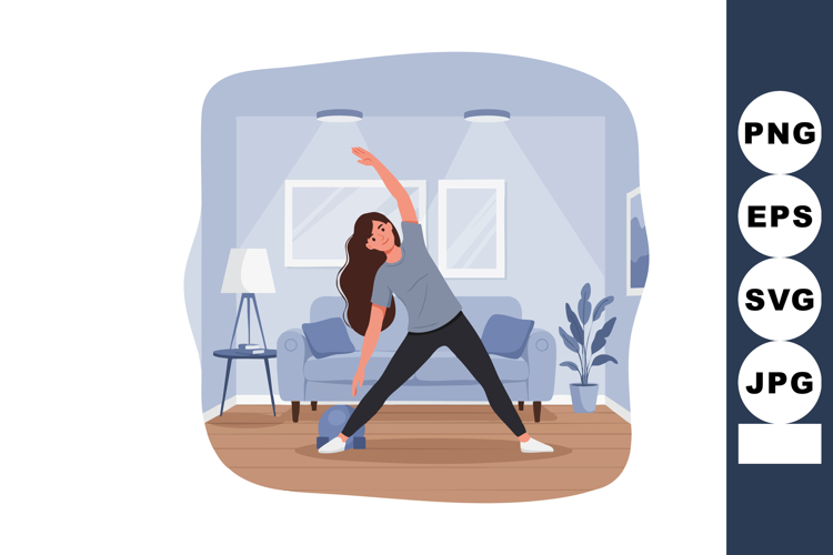 Woman stretching exercise indoors living room fitness routin