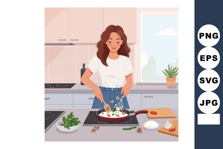 Woman cooking healthy meal on kitchen stove with fresh veget