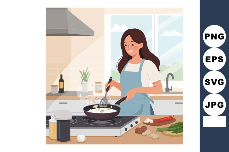 Woman cooking mushrooms in kitchen with natural light and bl