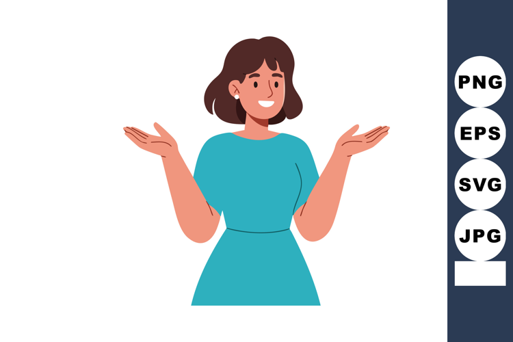 Woman shrugging shoulders in blue dress with short brown hai
