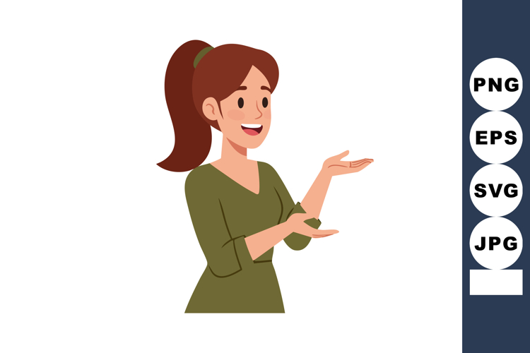 Woman with ponytail wearing green shirt smiling and gesturin