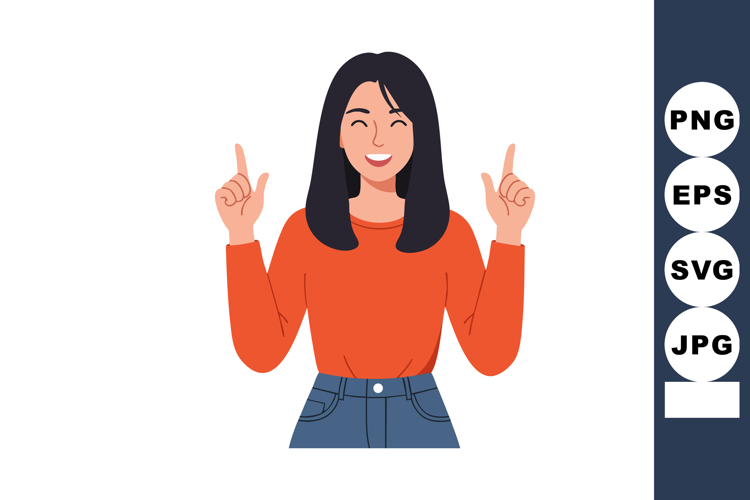 Woman with black hair smiling and pointing up in casual oran