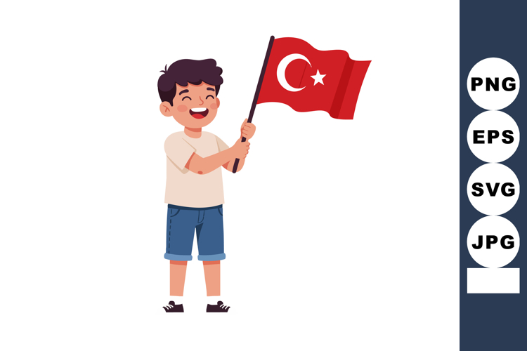 Boy holding Turkish flag smiling happily in casual clothes v