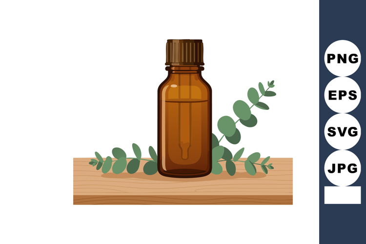 Brown essential oil bottle with green eucalyptus leaves on w example image 1
