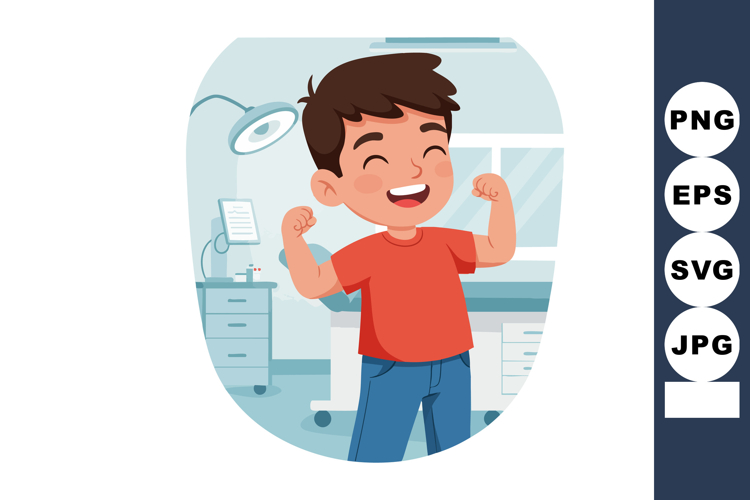 Happy boy showing strength and confidence in medical clinic