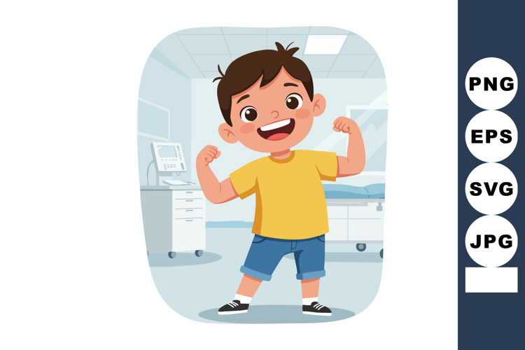 Happy boy showing strength and confidence in hospital room w
