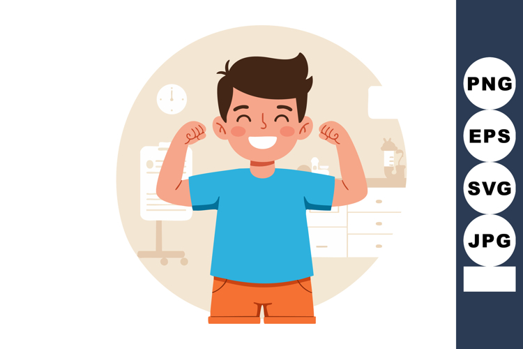 Boy smiling and flexing muscles in blue shirt and orange sho