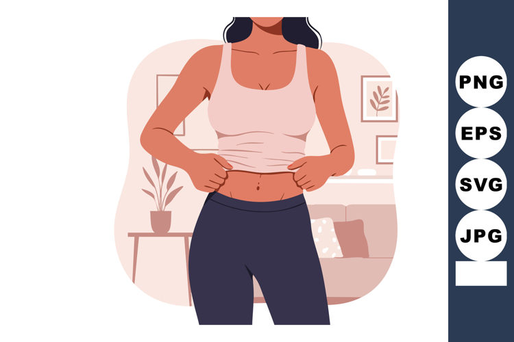 Woman checking weight and body fitness at home with casual c