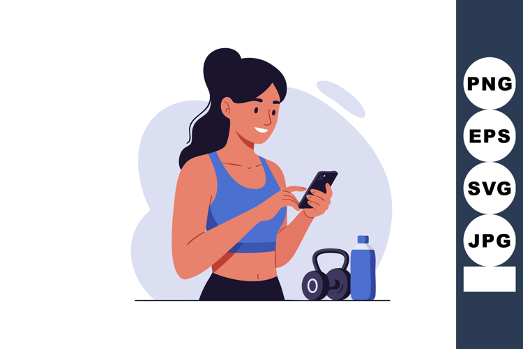 Young fit woman using smartphone after workout with kettlebe