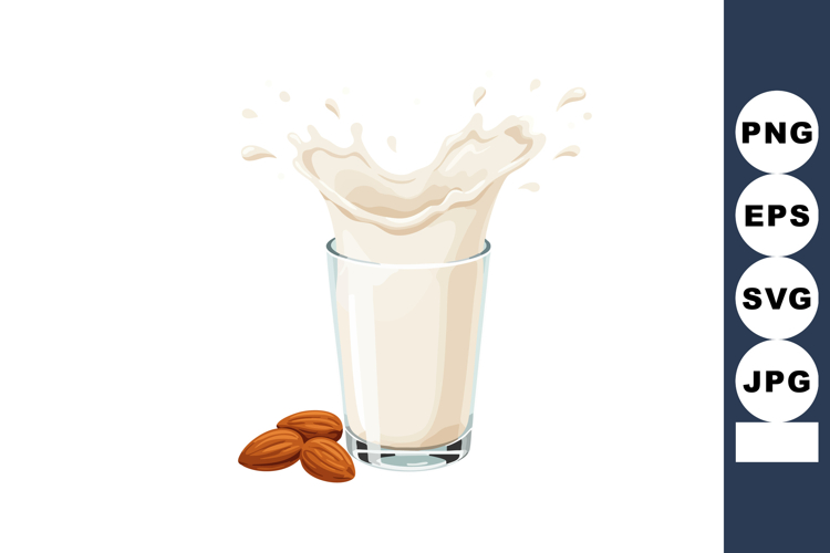 Almond milk splash in clear glass with whole almonds healthy