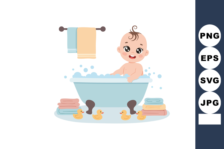 Baby taking bath in blue bathtub with rubber ducks and paste
