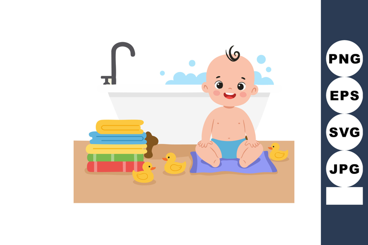 Baby sitting on mat near bathtub with rubber ducks and color