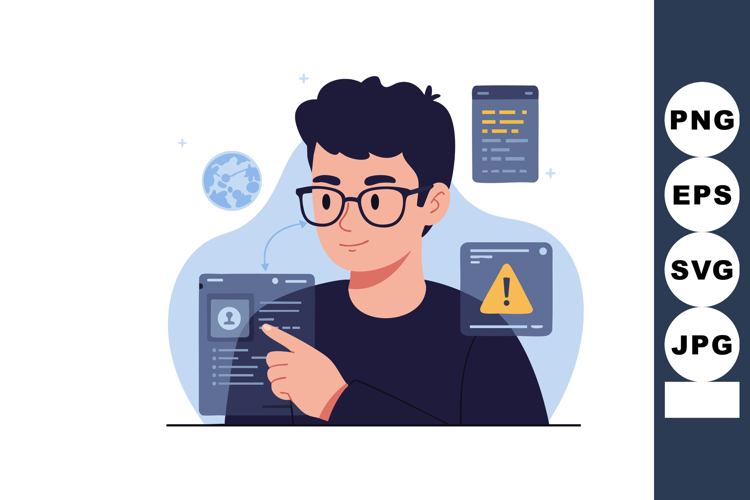Young man using digital interface with technology icons and