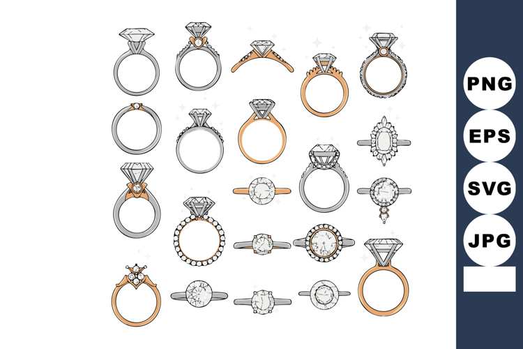 Diamond engagement rings vector collection with gold and sil