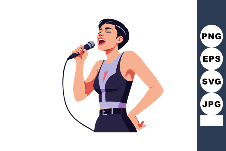 Young woman singing passionately with microphone in modern o