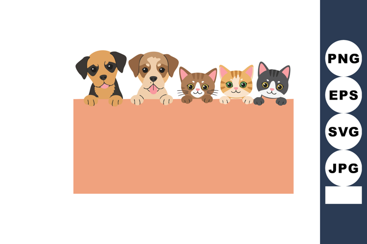 Cute dogs and cats holding blank signboard vector illustrati