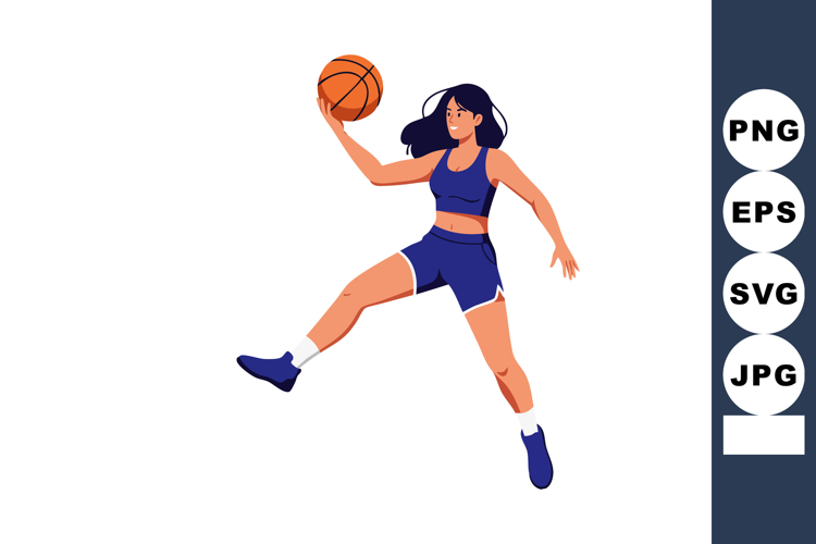 Female basketball player jumping with ball in blue sportswea